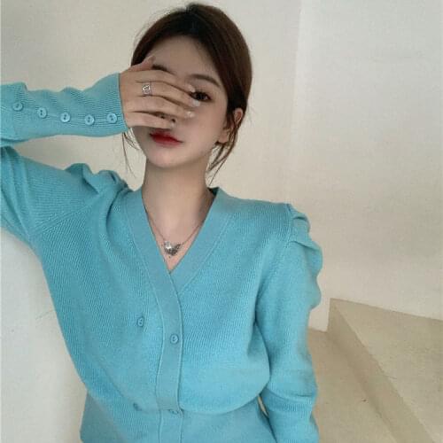 Long Sleeve T-shirt Tops Womens Fall / Winter 2021 New Slim Puff Sleeve Sweater Cardigan Fashion Outfits Jacket Female