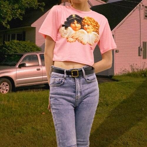 QICIUS Angel Print Graphic T Shirts Women 2021 Sexy Pink Summer Omighty Tops Femme Short Sleeve Strretwear Camisetas De Mujer