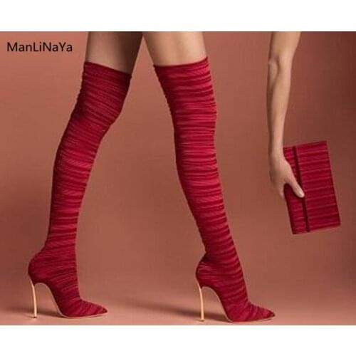 Gauze Pointed Toe Runway Women Boots Brand Design Pleated Solid Female Boots Super High Heel Over-the-Knee Women Ladies Boots