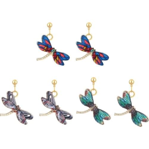Green Purple Dragonfly Insects Stud Earrings For Women Vintage Design Enamel Alloy Metal Banquet Weddings Earrings Grils Gift