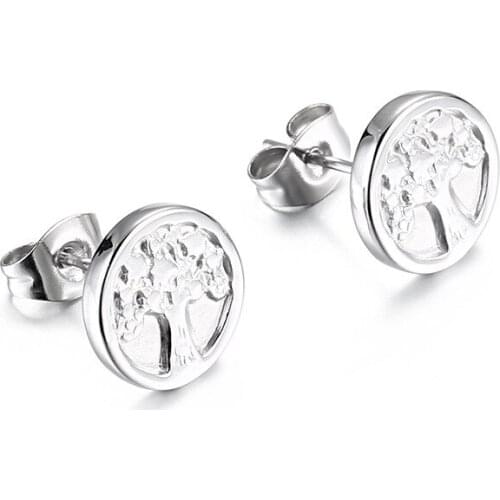 Titanium steel personality life tree earrings round oil pressure small earrings Korean girls fresh accessories