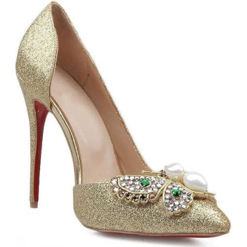 Women Pumps Party High Heels Shoes Sequin fashion spring Rhinestone metal Bow 11CM Thin Heels Rhinestone Wedding Shoes