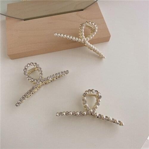 Women Back Head Hair Clips Lady Pearl Zircon Large Hair Claw