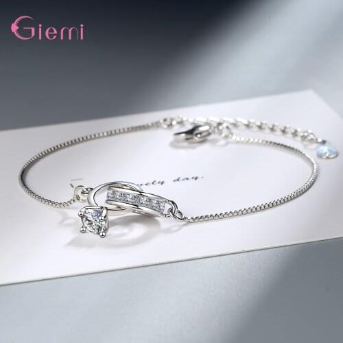 New Pure 925 Sterling Silver Clear Austrian Crystal Paved 2 Loops Charm Bracelet for Women Adjustable Bangle Fine Jewelry