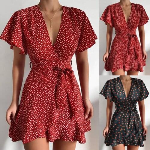 Women Fashion Printed V-neck Dress Ruffled Belt Wrapped Mini Dress Casual Party Summer Dress Short Sleeve Loose Mini Dress