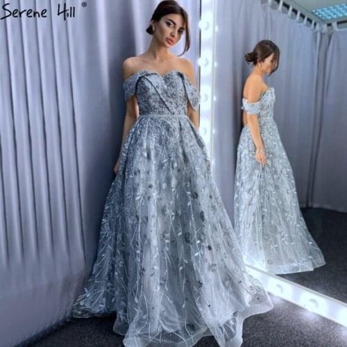 Serene Hill Grey V-Neck Crystal Lace Sexy Evening Dress 2020 Dubai Sleeveless A-Line Fromal Party Wear Gown CLA70238