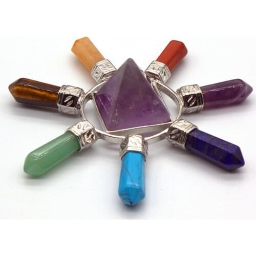 100-Unique Silver Plated Amethysts Square Pyramid Hexagon Column Colorful Chakra Stone Energy Emitter Pendant