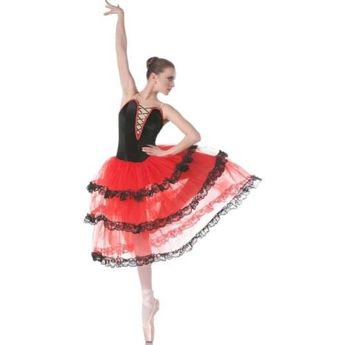 Red Spanish Long Ballet Tutu Black Velvet Black Top Bodice Ballet Costumes Dance Tutu Ballerina Dance Costumes