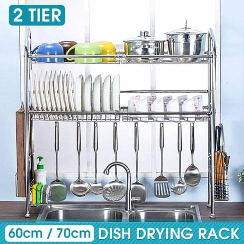 2 Layers Steel Dish Drying Rack Over the Sink Kitchen Storage Shelf Counter-top Space Saver Stand Tableware Drainer Organizer