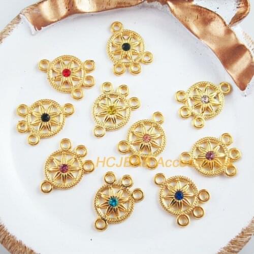 20Pcs Gold Color Retro Sunflower Mixed Crystal Charms Connectors 13x18mm