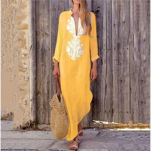 2018 fashion large size womens dress foreign trade casual dress sexy ultra deep V cotton hemp dress female