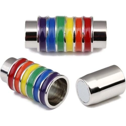 5pcs/lot Copper Magnetic Clasps Hole 6mm Rainbow Stripe Print Beads Round Leather Cords Rope for Jewelry Making