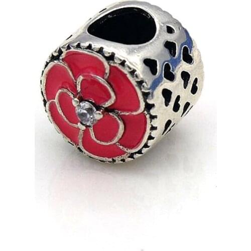 Authentic 925 Sterling Silver Charm Red Flower Glaze Crystal Beads For Original Pandora Charm Bracelets & Bangles Jewelry