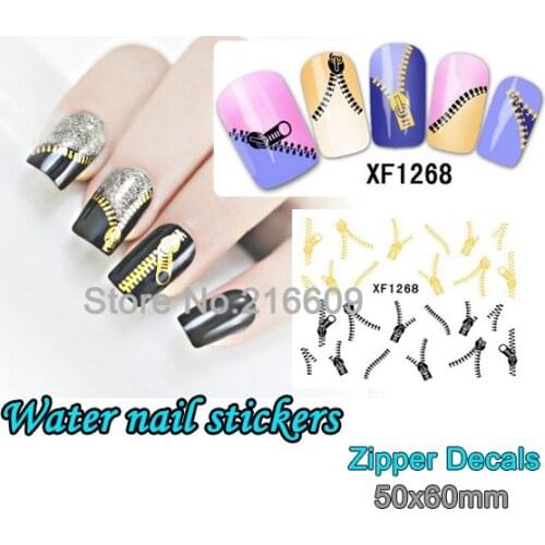 Free shipping 20pcs/Lot Nails Gold and Black Zipper Sticker Nail Wrap Water Transfers Sticker Floral Decal Decoration XF1268