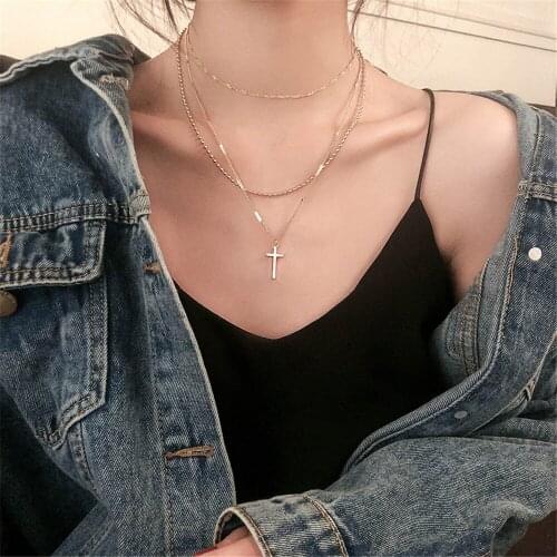 Fashion Jewelry Chain Necklace 3 Layer Hot Selling Metallic Cross Pendant Necklace For Girl Women Gifts Modern Jewelry