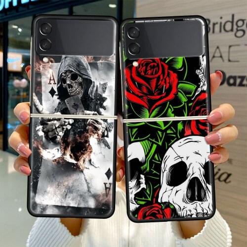 Black Hard Case For Samsung Galaxy Z Flip 3 5G Luxury PC Shockproof Phone Cover ZFlip 3 Bumper Fundas Grim Reaper Skull Coque