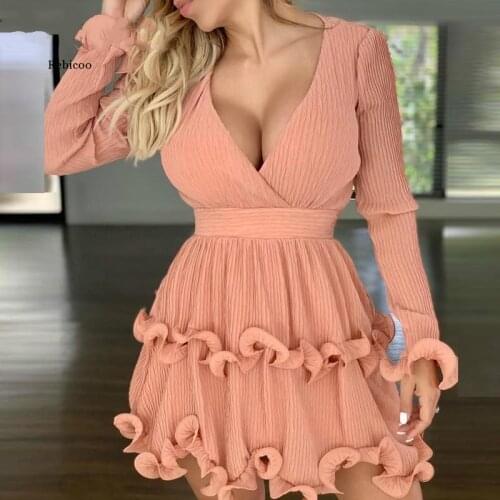 Women Elegant Fashion Sexy Deep V Ruffles Mini Dress Mini Dress Party Dress