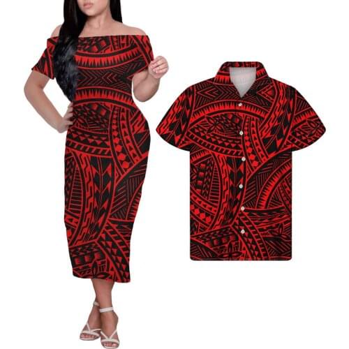 HYCOOL Polynesian Tribal Tattoos Print Red Long Dress Sexy Sleeveless Evening Gowns Couple Bodycon Maxi Dresses Match Men Shirts