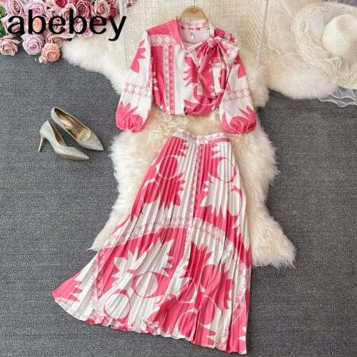 2021 New Summer Vintage stand collar long sleeve print short Shirt Top + high waist mid-length A-line pleated Skirt 2-piece set
