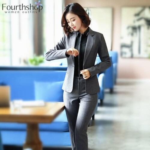 Two Piece Set Women Business Suits Black And Grey Elegant Office Lady Work Formal Pants Suits Female Autumn Winter Plus Size