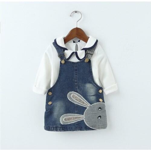 Dulce Amor Girls Dress Set Fall Baby Girls Clothes Set 2PC Print Rabbit Suit Long Sleeve Pullover Shirt+Denim Suspender Dress
