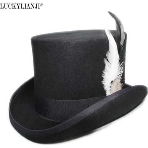LUCKYLIANJI 4 Sizes Womens Mens Unisexs High Round Flat Top Feather Wool Felt Magician President Lincoln Gentleman Bowler Hat