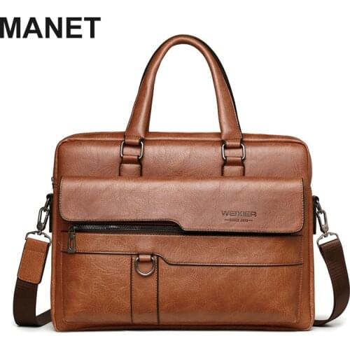 MANET PU Men Handbag Retro Male Business Shoulder Bags Vintage Message Crossbody Bags Large Capacity Laptop Bag 15 6 Inches 2021