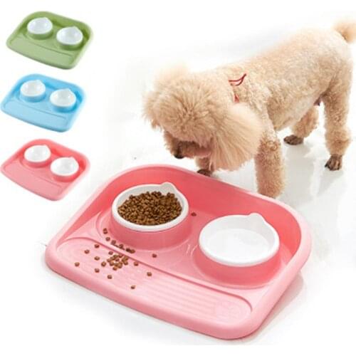 Cute Candy Color Dog Double Bowl Food Water Food Bowls Feeder Feeding Dishes Puppy Doogie Food Container Non-slip Food Container