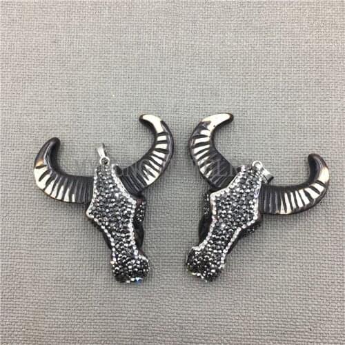 MY0131 Tribal Buffalo Horn Skull Pendant with Gunblack Toned Rhinestone,Bull Skull Pendant