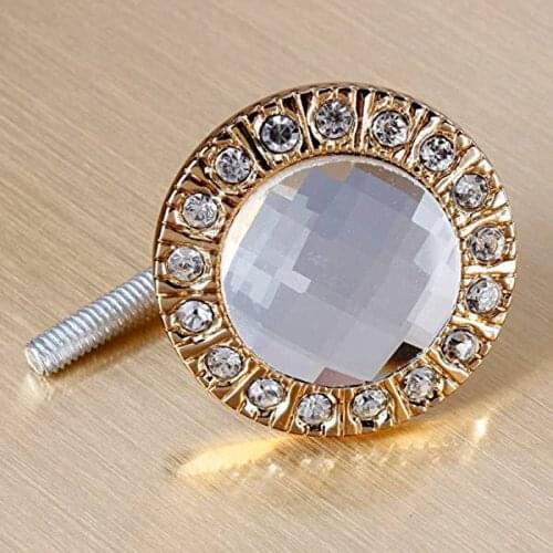 KSOL New Style 1pcs Crystal Glass Clear Round Pull Handle Glittering Rhinestone Knob for Cupboard Drawer Gold
