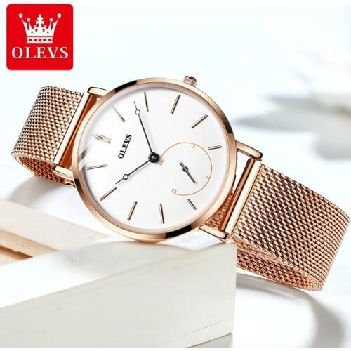 OLEVS Women Watches Simple Fashion Quartz Watch Top Brand Ladies Dress Reloj Mujer Stainless Steel Mesh Rose Gold Girls Clock