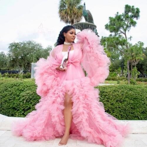 Pink Illusion Ruffles Tulle Long Sleeve Women Jackets Winter Sexy Kimono Pregnant Party Sleepwear Bathrobe Sheer Nightgown Robes
