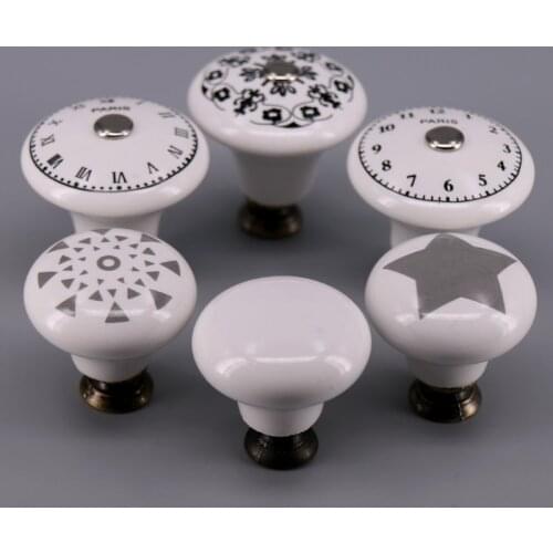 1x Pastoralism White Ceramic knob ,Star Flower Clock Print Kitchen Cabinet Cupboard Door knob and handles Kids Drawer Knob Pulls