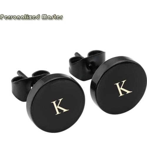Personalized Master Free Engraving Custom Engraved Alphabet Letter Initial Black Stainless Steel Stud Earrings Unisex 8mm-14mm