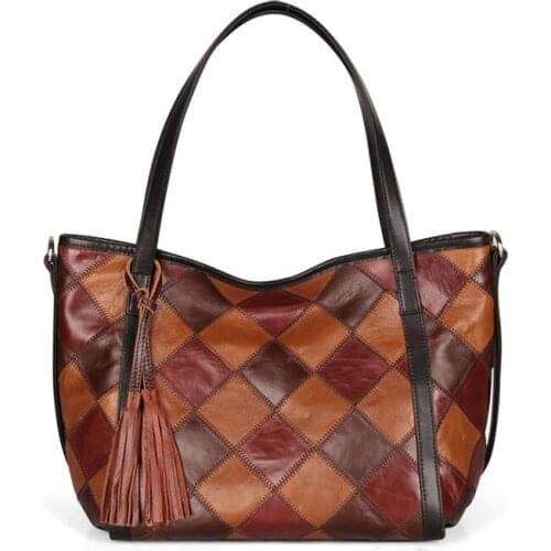 Real Cowhide Leather Shoulder Bag Luxury Designer Women Genuine Leather Bag Womens handbag Leisure big bag Color stitching