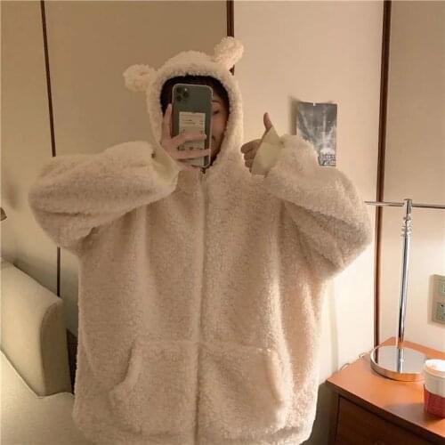 Hoodies Women 2020 New Zipper Cute Loose Kawaii Sweatshirt Large Lambswool Solid Color Pocket Plush Pullovers Female Clothes
