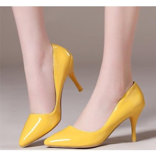 2020 Sexy Women High Heels Pointed Toe Shoes Stiletto Heel Patent Pumps Office Party Wedding Shoes Woman Yellow Nude Black