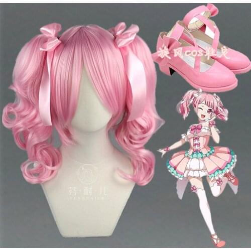 BanG Dream! Maruyama Aya Pink Pigtail Role Play Halloween Base Wig + ponytail Costume pink Lolita shoes Synthetic Heat hair