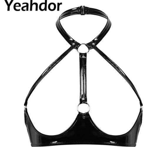 Womens Wet Look Patent Leather Lingerie Bras Clubwear Underwear Halter Neck Backless Open Cups Wire-free Unlined Bra Top
