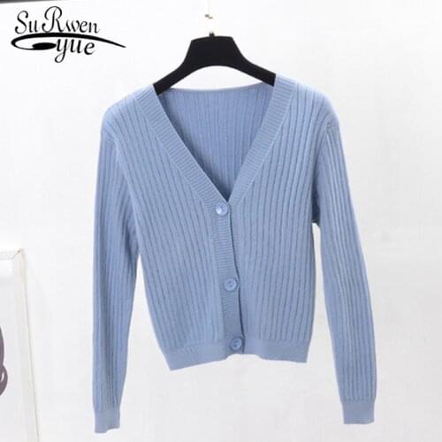 V-neck Knitted Sweater Solid Women Sweater 2021 Autumn Long Sleeve Korean Cardigan Office Lady Clothes Short Loose Coat 10645