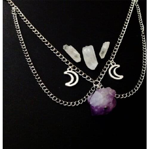 Purple Raw Crystal Moon Chain Choker Witch Necklace Punk Gothic Pendant Grunge Jewelry Wiccan Women Gift Fashion Statement Goth
