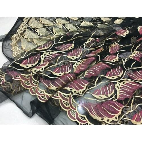 1meter NEW fashion 3D gold/black leaf soft Hollow Embroidered yarn lace fabric for DIY wedding dress cloth