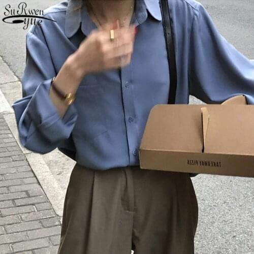 2021 Autumn Solid Long Sleeve Chiffon Blouse Solid Womens Shirts Plus Size Single Breasted Tops Feminine Casual Cardigan 11364