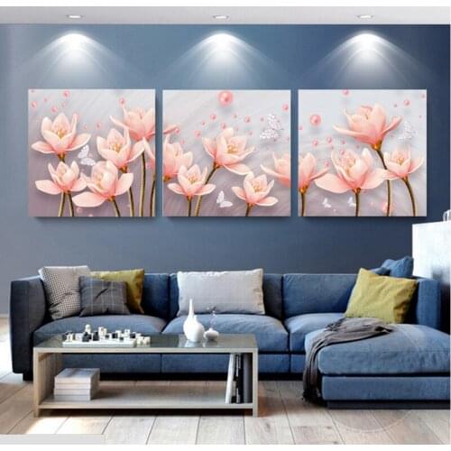 DIY 3D 3pcs Diamond Embroidery Triple Magnolia FlowerDiamond painting Full square round mosaic picture rhinestone Home Decor