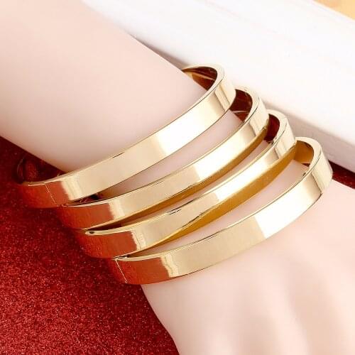 4pcs New Open Size Women High Polished Simple Gold Color Plain Bangles Wedding Party Dubai Gold Jewelry Ethiopian
