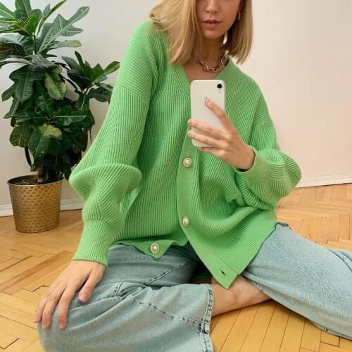 COKAGO Green Knitted Cardigan Woman Knitted Oversize Long Sleeve Cardigan Women With Buttons Loose Sweaters Ladies Cardigans