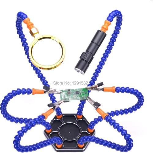 Third Hand Soldering PCB Holder Tool Six Arms Helping Hands / Magnifying Glass Lens USB Charge Mini LED Flashlight For Parts
