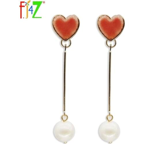 F.J4Z New Hot Fashion Designer Plush Top Heart Gold Alloy Stick Faux Pearl Pendant Earrings Girls Ear Jewelry Brincos Bijoux