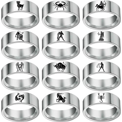 Twelve Constellations Rings for Men Women 8mm Stainless Steel Anel Fashion Glamour Jewelry Gift 12 Horoscope Ring Wholesale