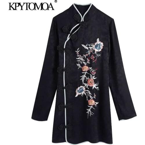 KPYTOMOA Women 2020 Fashion Floral Embroidery Jacquard Mini Dress Vintage High Neck Long Sleeve Female Dresses Vestidos Mujer